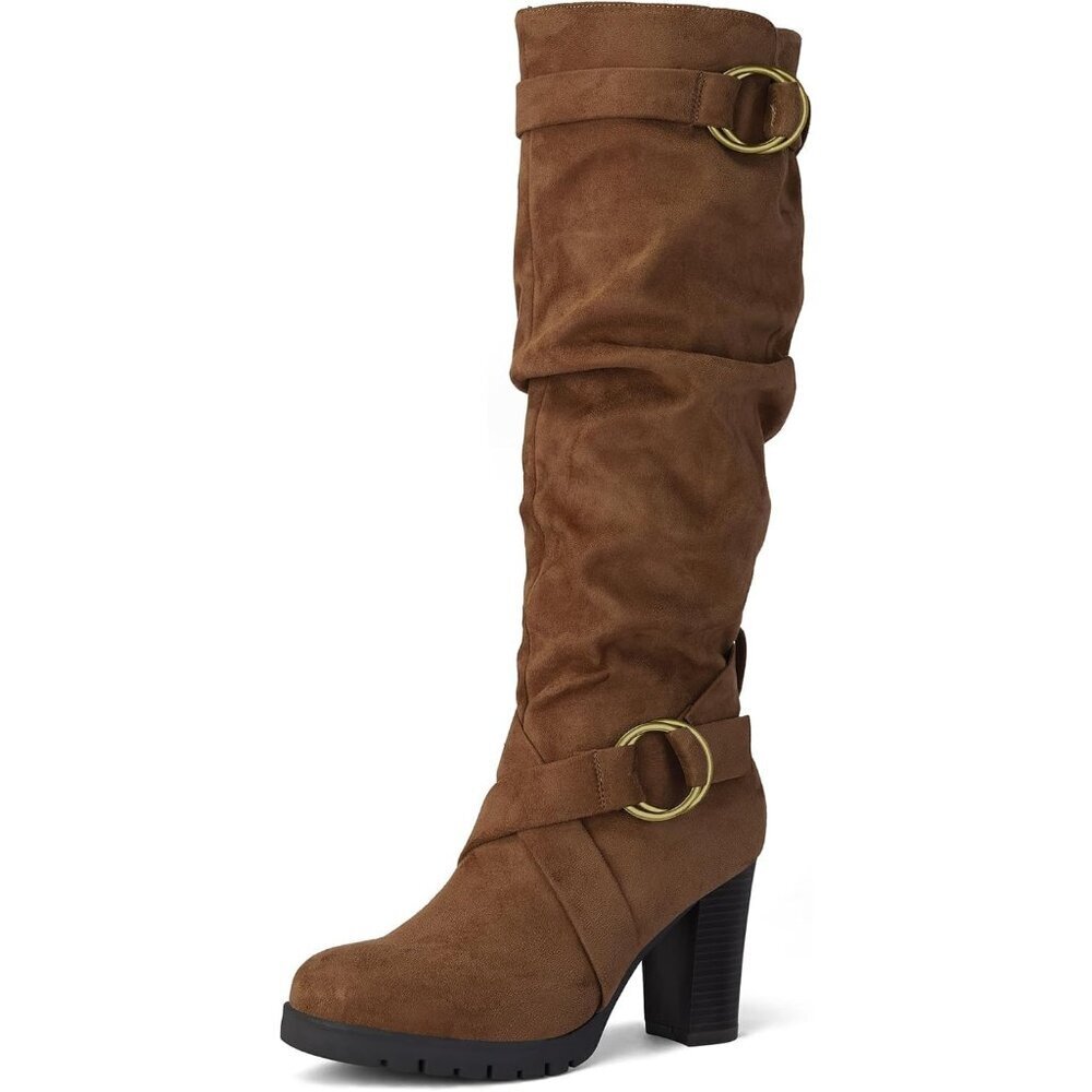 Women Coffee Knee High Fashion Chunky Block Heel Side Zipper Warm Winter Boot